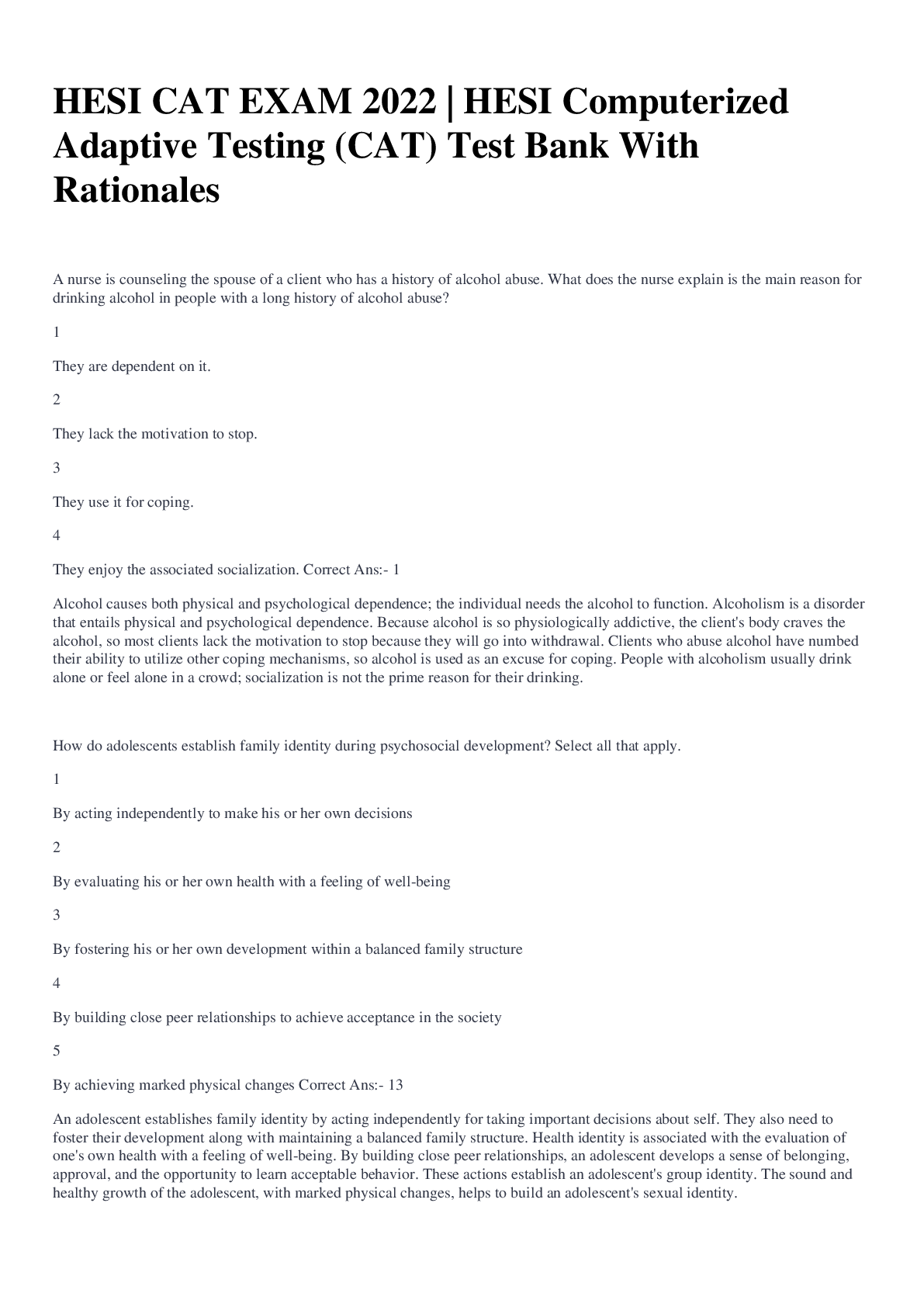 Preview of HESI CAT EXAM 2022 | HESI Computerized Adaptive Testing (CAT) Test Bank With Rationales